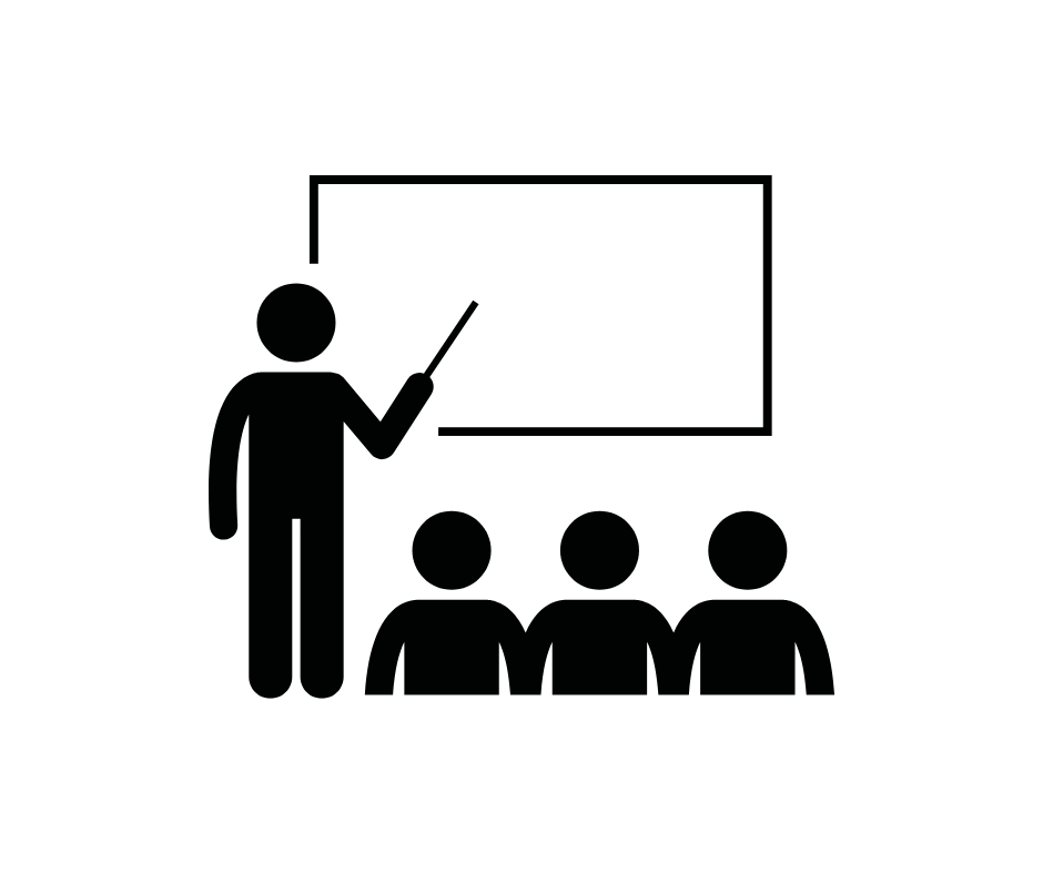 Picto/dessin.
Enseignement.
Un enseignant montre le tableau à des élèves assis et à l'écoute.