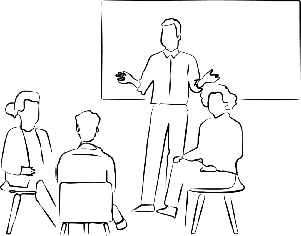 Personne devant un tableau dans une salle de formation partage son avoir avec un public d'apprenant.